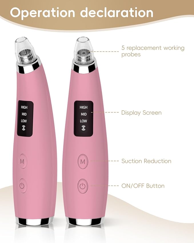 Facial Pore Blackhead Remover Vacuum - Fore Cleaner and Blackhead Extractor with 3 Adjustable Suction Levels - 5 Probes - Pore Vacuum Kit for Women&Men (Matte Pink)
