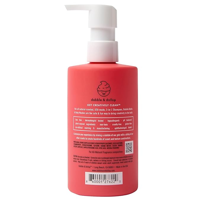 Dabble & Dollop All Natural Strawberry 3-in-1 Body Wash, Shampoo & Bubble Bath for Kids – Tear-Free, Gentle, Hypoallergenic, Vegan, No Parabens or Sulfates (10 fl oz, Pack of 2)