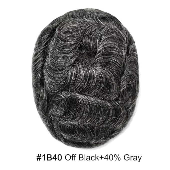 FACE MIRACLE Mens Toupee Lace Front Hairpieces Soft Human Hair Replacement System Toupee for Men French Lace Poly V-Looped Mens hair Units 6"X8" #1B40 1B# OFF BLACK WITH 40% SYNTHETIC GREY