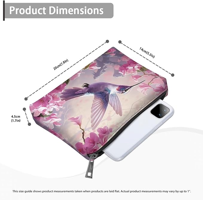 COEQINE Pink Makeup Bag for Women Leather Cosmetic Wallet Pink Hummingbirds Floral Print Cosmetic Purse for Wedding Birthday Party Cute Portable Cell Phone Case