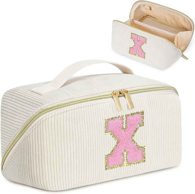 Personalized Initial Makeup Bag,Christmas Gifts for Girl,Preppy Bag Cosmetic Travel Bag Women,Travel Toiletry Organizer,Large Capacity Corduroy Stuff Bag,Cute Cosmetic Pouch Skincare Bag-X