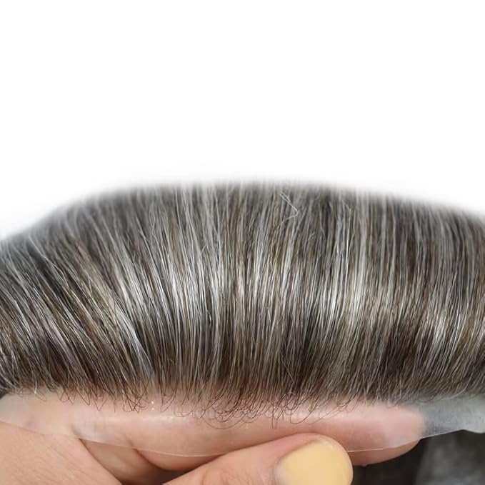 FACE MIRACLE Lace Front Mens Toupee Human Hair System Swiss Lace Center Toupee for Men Thin Skin PU Around Hair Replacement System V-Looped Mens Hair Wig Units 6"X9" #365 Dark Brown with 65% Gray