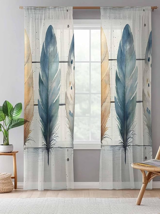 Sheer Curtains 84 Inches Long, Boho Blue Feathers Semi Sheer Curtains Light - Image 5