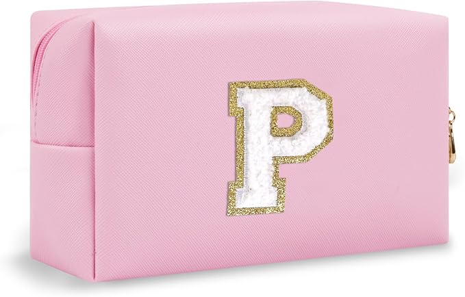 Personalized Initial Preppy Makeup Bag Organizer, Pink Small Travel Cosmetic Bag Monogram Toiletry Zipper Pouch for Women, Portable Waterproof PU Makeup Case for Women Friends Party Gift(Letter P)