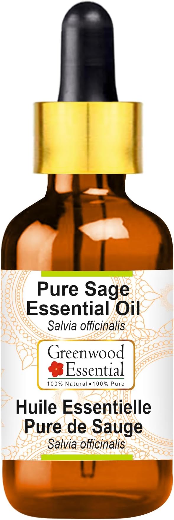 Greenwood Essential Pure Sage Essential Oil (Salvia officinalis) with Glass Dropper Steam Distilled 30ml (1.01 oz)