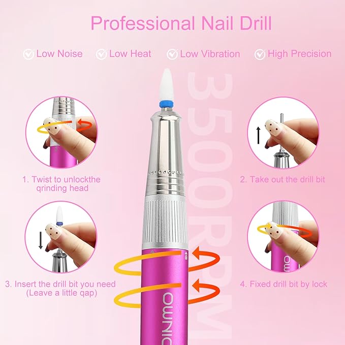 Electric Professional Nail Drill 35000RPM Cordless Portable Nail E-File Buffer Tools with Bits Perfect for Salon Manicure Pedicure Acrylic, Gel, Natural Nails(Rose Pink)