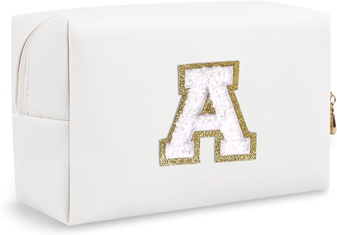 Personalized Initial Preppy Patch Makeup Bag, Small Travel Cute Cosmetic Pouch Makeup Case Organizer Toiletry Zipper Pouch, Waterproof Chenille Letter Storage Bag Gift for Women Friendship(Letter A)