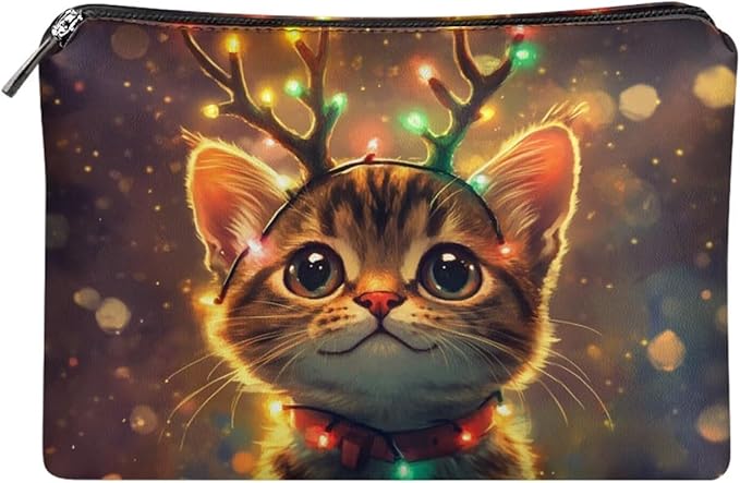 COEQINE Christmas Purse Pouches for Organizing Cute Cat Lights Deer Designer Large Cosmetic Bag for Womens Leather Zipper Pouch for Party Travel Holiday Handbag