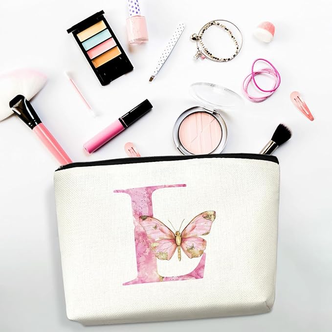 Initial Makeup Bag Pink Butterfly L Personalized Cosmetic Bag Monogrammed Gifts for Women Girls Aunt Bridesmaid Monogram Zipper Pouch for Friendship Mothers Day Birthday Wedding Bridal Shower Gifts