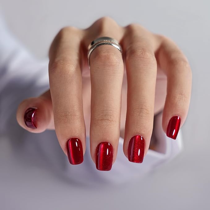 BTArtbox Press On Nails Red - Cat Eye Press On Nails Square for Gifts,Cherry Short Stick On Nails with Glue, Glossy Reusable Nail Tips in 15 Sizes - 30 Soft Gel Fake Nails Kit, Hot Love