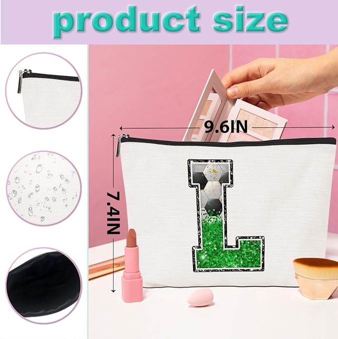 Soccer Gifts Initial Makeup Bag Monogrammed Cosmetic Bag Letter L Zipper Pouch Soccer Accessories for Girls Women Player Coach Friend Stuff Graduation Birthday Gifts