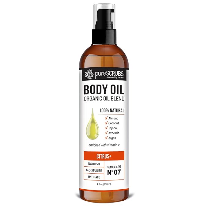 pureSCRUBS Ultra Moisturizing Citrus+ Body Oil Spray for Dry Skin, Massage, Cuticles & More Organic Super Blend of Jojoba, Argan, Coconut, Sweet Almond & Avocado Oils Enriched with Vitamin E, Lg 4oz