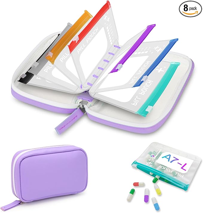 A7-L Timueetech Water-Proof Pill Pouch Set, BPA Free, A7-L Pill Loose-Leaf Storage with Color-Coded Medicine Pouches, Large Reusable Travel Medicine Organizer， Zippered Pill Organizers Weekly