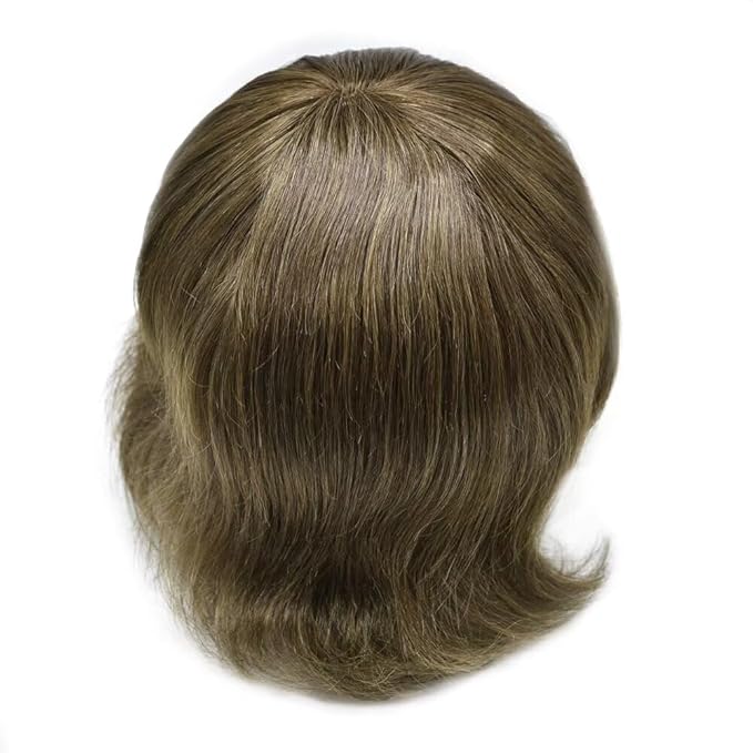 Mens Toupee Human Hair Piece French Lace Toupee for Man Hair System Indian Human Hair Replacement Systems V-Looped PU Front Hairpieces 7"X9" #410 Medium Brown with 10% Gray