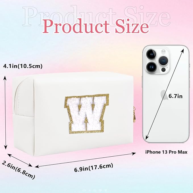 Small Personalized Letter Makeup Bag, Cute PU Leather Chenille Letters Cosmetic Bag Travel Makeup Pouch, Preppy Travel Organizer Zipper Pouch for Women&Girls（White-W）