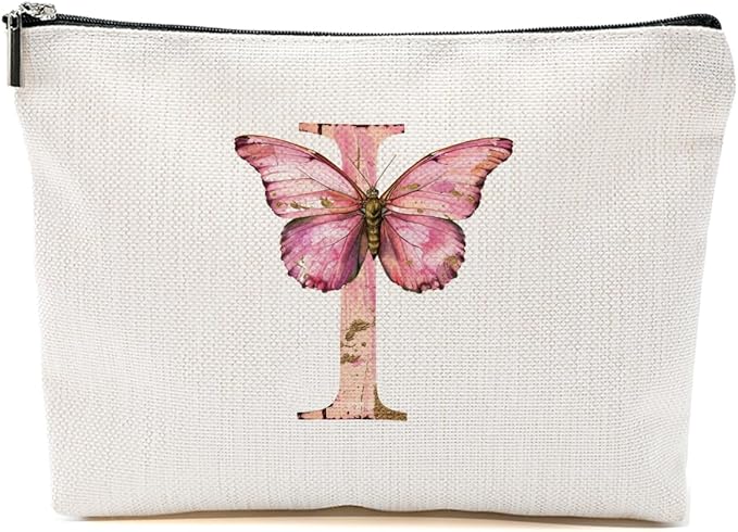 Initial Makeup Bag Pink Butterfly I Personalized Cosmetic Bag Monogrammed Gifts for Women Girls Bride Bestie Monogram Zipper Pouch for Friendship Mothers Day Birthday Wedding Bridal Shower Gifts