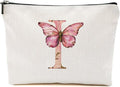Initial Makeup Bag Pink Butterfly I Personalized Cosmetic Bag Monogrammed Gifts for Women Girls Bride Bestie Monogram Zipper Pouch for Friendship Mothers Day Birthday Wedding Bridal Shower Gifts