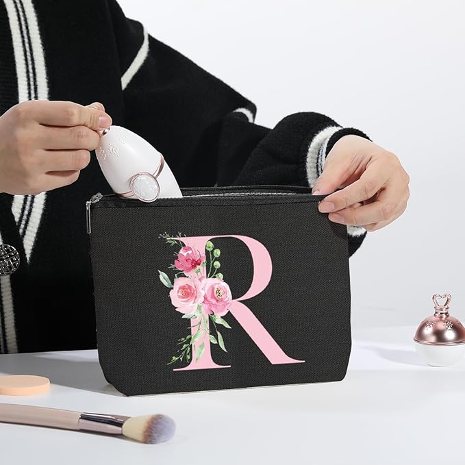 A-Z Personalized Cosmetic Bag Monogrammed Makeup Bags Bridesmaid Gifts Custom Toiletry Pouch Gifts for Women Mom Best Friend Sister Bride Bridesmaid (R)