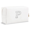 Bride Gifts – Personalized Initial Makeup Bag with Pearl Rhinestone Patch, Preppy White Monogram Cosmetic/Toiletry Pouch, bridesmaid Gifts, Bridal Shower Gifts, Wedding Gifts, Bridal Gifts,P