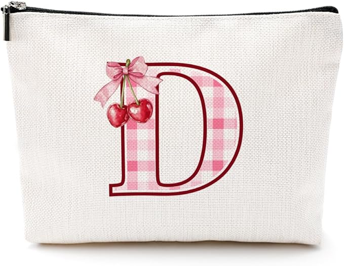 Initial Makeup Bag Monogram Cosmetic Bag Monogrammed Gifts for Women Girls Friends Coworker Bestie Personalized Travel Toiletry Bag Christmas Bridal Shower Wedding Bridesmaid Gifts, Cherry D