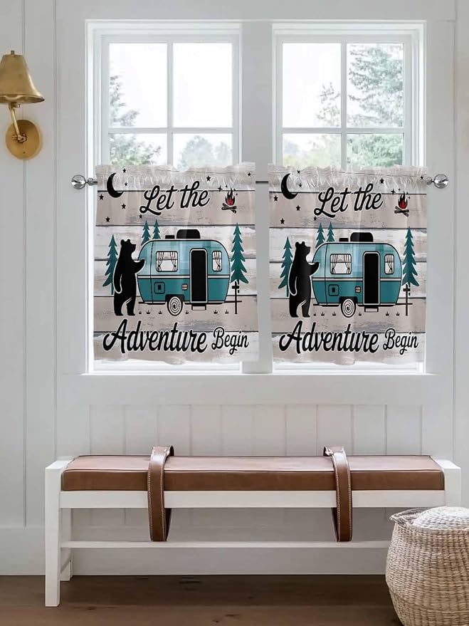 Farmhouse Bear Camper Van Tree Window Valance Curtains, Vintage Wood Grain by IDOWMAT