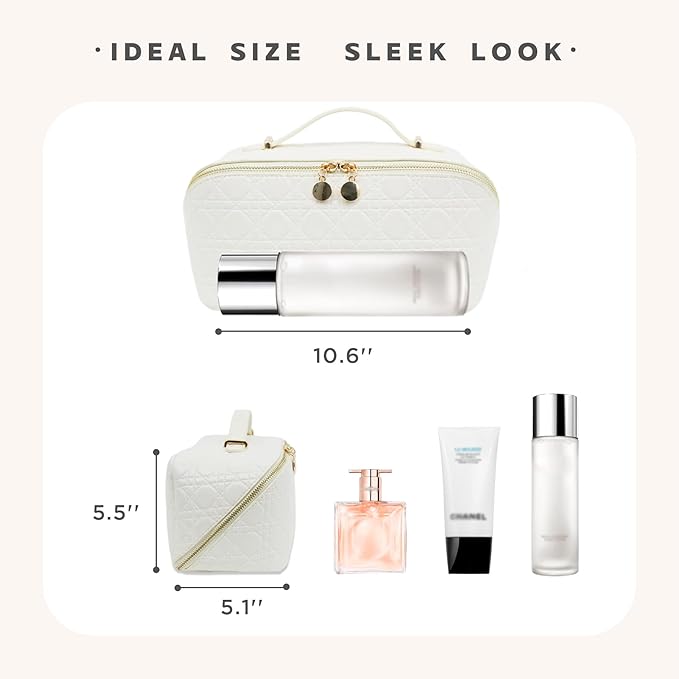 Travel Makeup Bag – Large Cosmetic Organizer with Waterproof PU Leather, Smooth Double Zipper & Tear-Resistant Lining, Toiletry Pouch for Women (White)