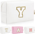 Personalized Initial Letter Patch Makeup Bag, Preppy Portable Chenille Letter Cosmetic Bag with Zipper, PU Leather Waterproof Travel Toiletry Bag Monogram Make Up Pouch for Women Girls