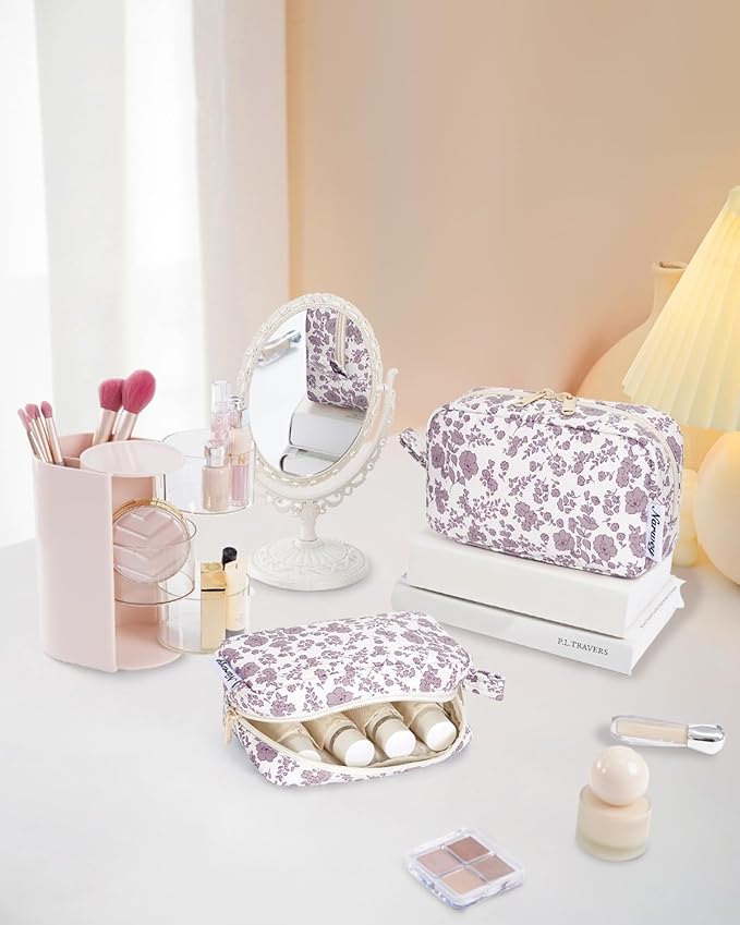 Narwey Cute Makeup Bag Small Toiletry Bag Travel Cosmetic Bag Organizer Make Up Bags with Organized Pockets for Women (Little Dusty Pink Flower, Large)