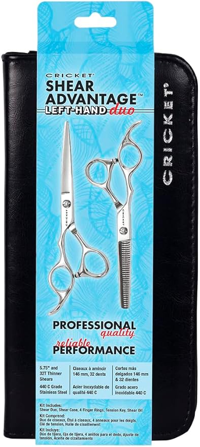 Cricket Shear Advantage Left-Hand Duo Professional Stylist 5.75" & 32T Stainless Steel Hair Cutting Scissors and Hair Thinning Shears Set, Lefty, Value Set with Case and Accessories