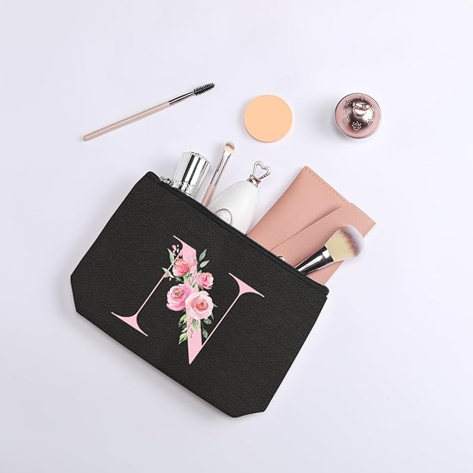 A-Z Personalized Cosmetic Bag Monogrammed Makeup Bags Bridesmaid Gifts Custom Toiletry Pouch Gifts for Women Mom Best Friend Sister Bride Bridesmaid (N)