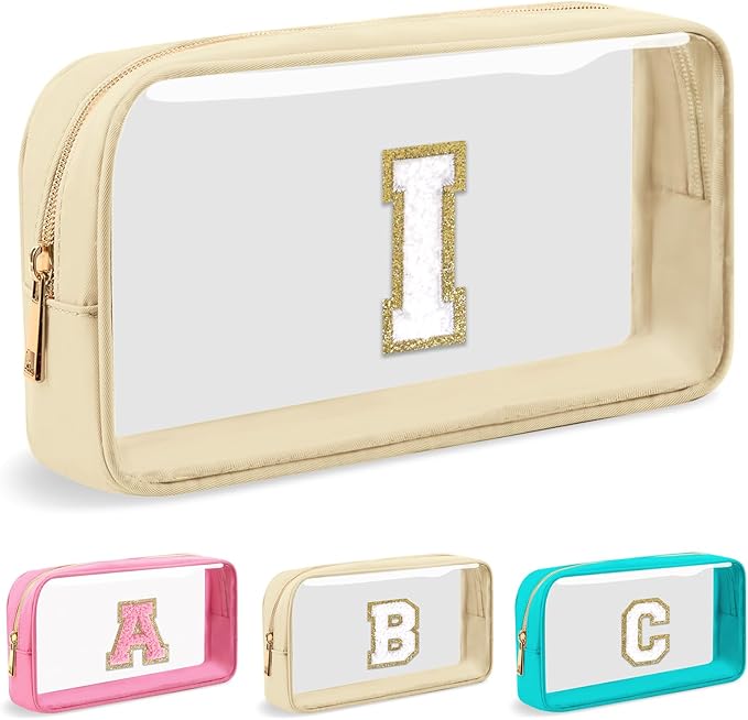Personalized Initial Letter Clear Makeup Bag,Preppy Small Nylon&PVC Cosmetic Zipper Bag with Chenille Letter,Portable Beach Travel Skincare Toiletry Bag,Trendy Monogram Gift for Teen Girls Women,I