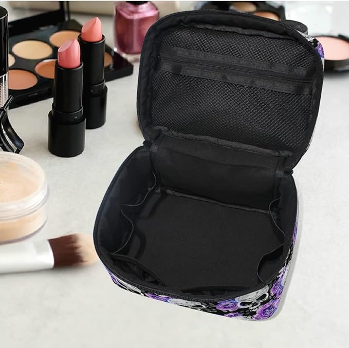 Skull Makeup Bag Purple, Flowers and Skull Gothic Makeup Organizer Bags Toiletry Bag Box Travel Cosmetic Bag Make Up Train Case for Women Teen Girl Ladies