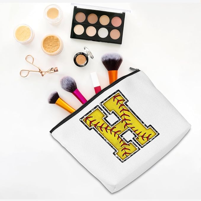 Softball Gifts Initial Makeup Bag Monogrammed Cosmetic Bag Letter H Zipper Pouch Softball Accessories for Girls Women Softball Player Coach Aunt Softball Stuff Graduation Birthday Gifts