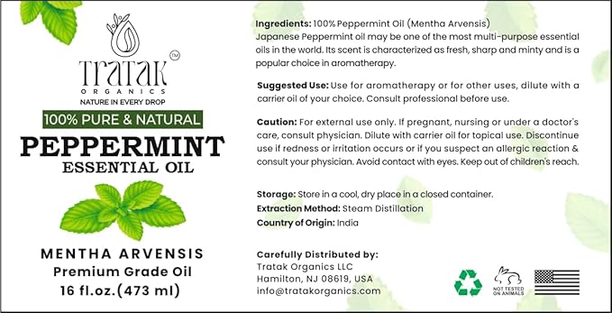16 fl oz - Peppermint Essential Oil 100% Pure, Uncut and Natural, 16 fl oz - Peppermint Essential Oil for Aromatherapy, Diffuser, Hair Care, Skin Massage - with Dropper