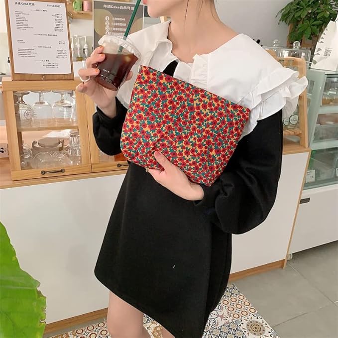 PAZIMIIK Makeup Bag Large Zipper Corduroy Make Up Pouch for Purse Travel Canvas Cosmetic Organizer for Women Brush Storage,Floral Red