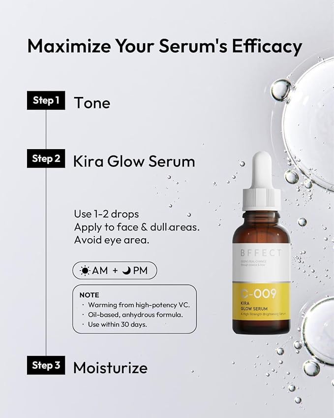 Kira Glow Serum Vitamin C 9% + Ferulic Acid, High-Potency L-Ascorbic Acid Serum for Face, Brightens & Fades Dark Spots, 1 Fl Oz