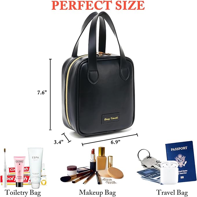 Travel Makeup Bag, Large Flat-Open Cosmetic Bag Make Up Organizer Case for Women, Waterproof PU Leather Toiletry Bag with Brush Compartment Skincare Pouch for Toiletries Accessories