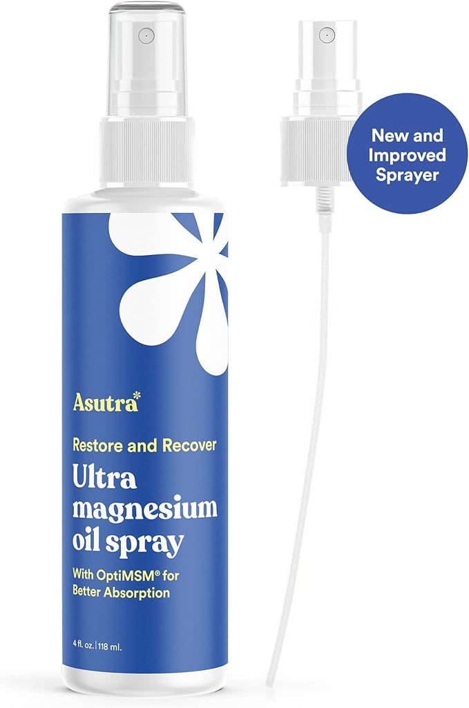 ASUTRA Ultra Magnesium Oil Spray with OptiMSM, 4 fl oz - Topical Magnesium, Rapid Absorption, Pure, Odorless and Non-Greasy, Derived from Zechstein Seabed