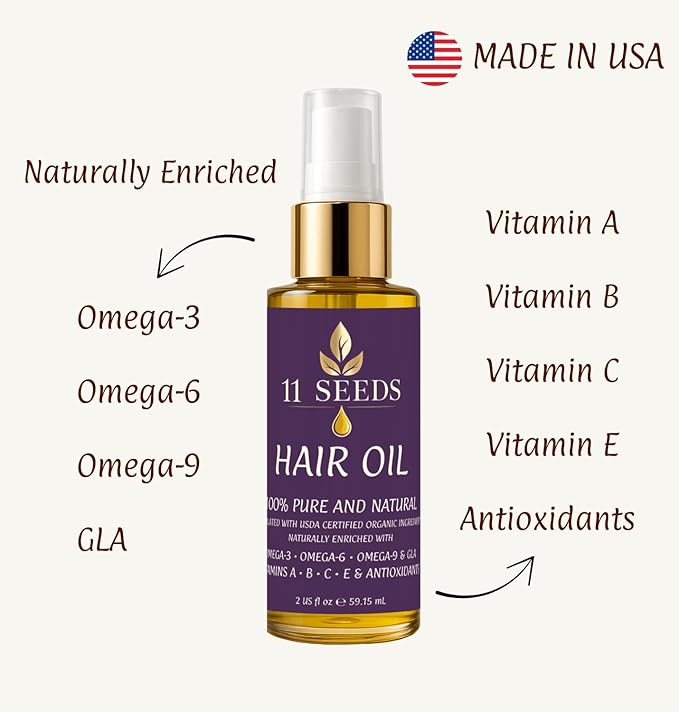 Hair Oil Naturally Enriched with Omega-3-6-9, GLA, Vitamins A, B, C, E, Lightweight Blend Supports Revitalize, Shine, Frizz Control, Color Safe, Helps Reduce Split Ends, UV & Heat - Silicone Free