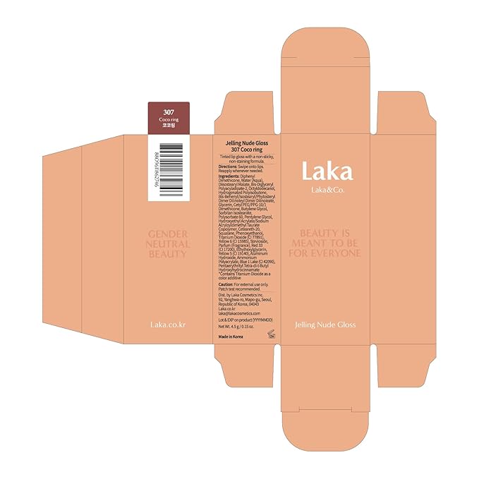 Laka Jelling Nude Gloss, 4.5g/0.15oz, Sheer Hydrating Lip Oil with No Stain, Non-Sticky, Nourishing Gloss for a Fresh, Glowy Look, Vegan, Clean Beauty Makeup, K-Beauty (#307 Coco Ring)