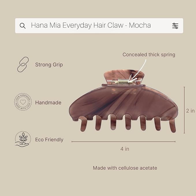 Premium Durable Acetate Hair Clip for Women - Large No Slip Claw Clip for Thick Hair | 1 Piece (Mocha)
