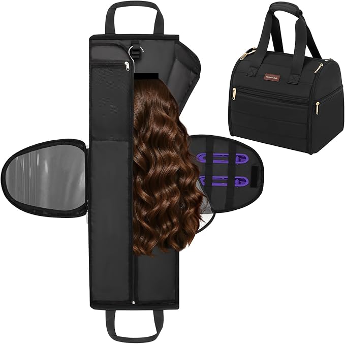 Wig Storage Bag Holds 3 Wigs Hair Tools Travel Bag Full-Open Breathable Organizer Case for Clips, Hair Dryer, Flat Curling Iron Brushes,Cosmetic Toiletry Tote Christmas Gift for Women Stylist