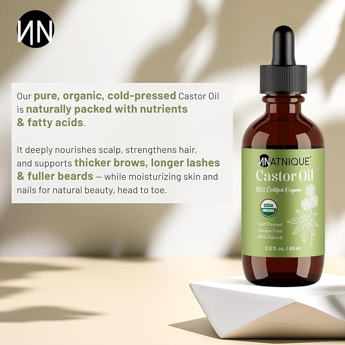 Natnique Castor Oil 2oz – USDA Certified Organic, 100% Pure Cold Pressed Unrefined Oil for Hair Growth, Eyelashes, Eyebrows & Scalp – Natural Skin Moisturizer, Lash Serum & Hair Treatment