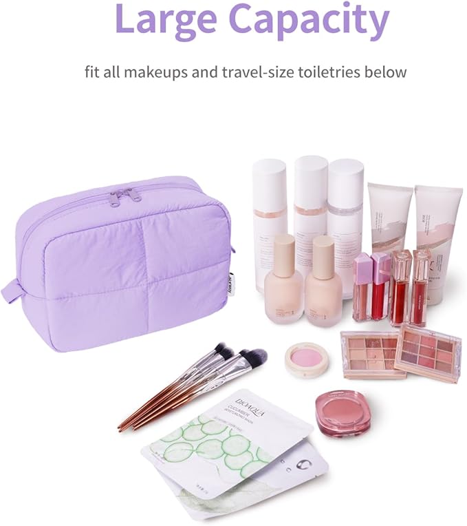Narwey Puffy Makeup Bag for Travel Women Girl, Quilted Makeup Bag Cosmetic Bag, Cute Puffer Make Up Organizer Bags, Travel Toiletry Bag Toiletries (Purple)