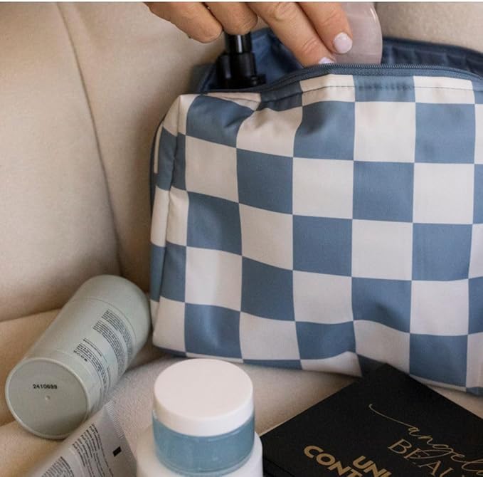 Tiny Twinkle Waterproof Travel Toiletry & Makeup Bag Organizer | Large Capacity Cosmetic Case with Compartments & Handle, A Thoughtful Travel Companion for Women（Blue Checkers