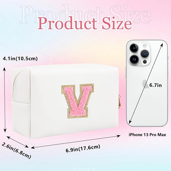 Small Personalized Letter Makeup Bag, Cute PU Leather Chenille Letters Cosmetic Bag Travel Makeup Pouch, Preppy Travel Organizer Zipper Pouch for Women&Girls（WhitePink-V）