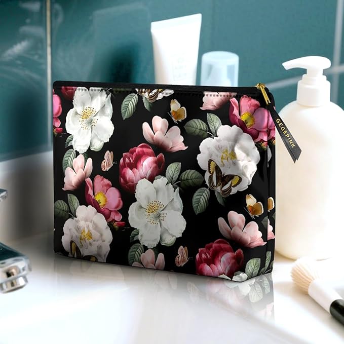 Cute Makeup Bag for Purse Waterproof Cosmetic Bags for Women Funny Smooth Zipper Travel Toiletry Pouch 10X8 Inches-Black Floral Makeup pouch