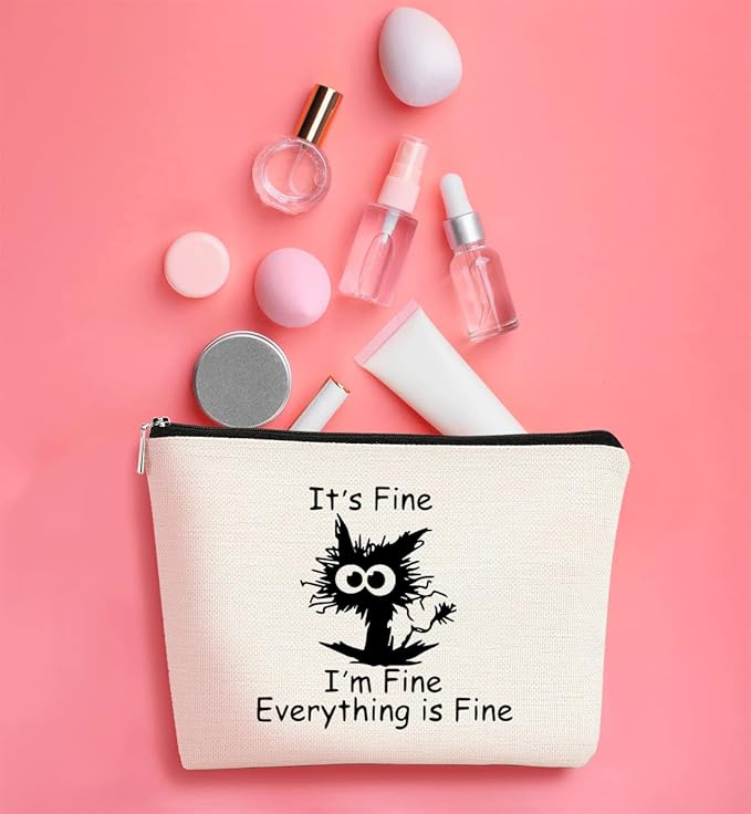 Cat Makeup bag It's Fine Everything is Fine Inspirational Funny Cat Kitten,Cosmetic Bag Zipper Travel Toiletry Bag Best Gift Idea for Cat Lovers Teen Girls,Cat Owners Gifts,Birthday Gift