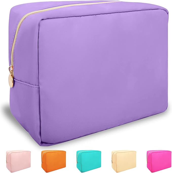 Nylon Large Makeup Bag Travel Cosmetic Bag Pouch, Preppy Big Makeup Bag Cute Cosmetic Zipper Pouch Purse, Waterproof Toiletry Bag Clutch Makeup Organizer Travel Essentials for Women Men Girls(Purple)