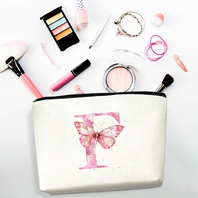 Initial Makeup Bag Pink Butterfly F Personalized Cosmetic Bag Monogrammed Gifts for Women Girls Bride Friends Monogram Zipper Pouch for Friendship Mothers Day Birthday Wedding Bridal Shower Gifts